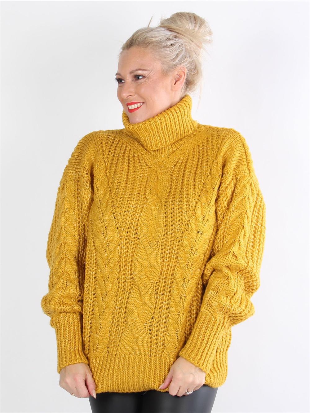 Naddia - Armygrøn striktrøje med turtleneck og kabelstrik